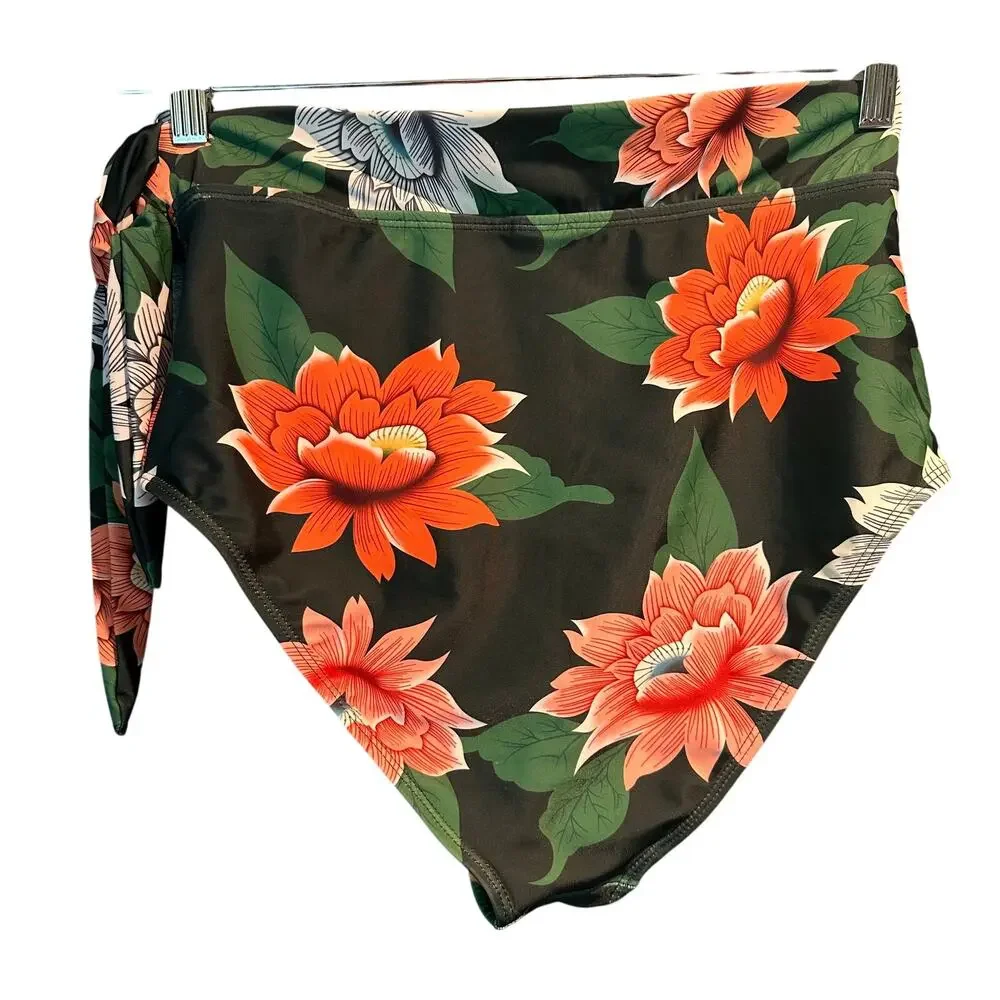 Dokotoo Size Large Bikini Bottoms Floral Green Peach High Waist Swim Beach - Picture 2 of 7